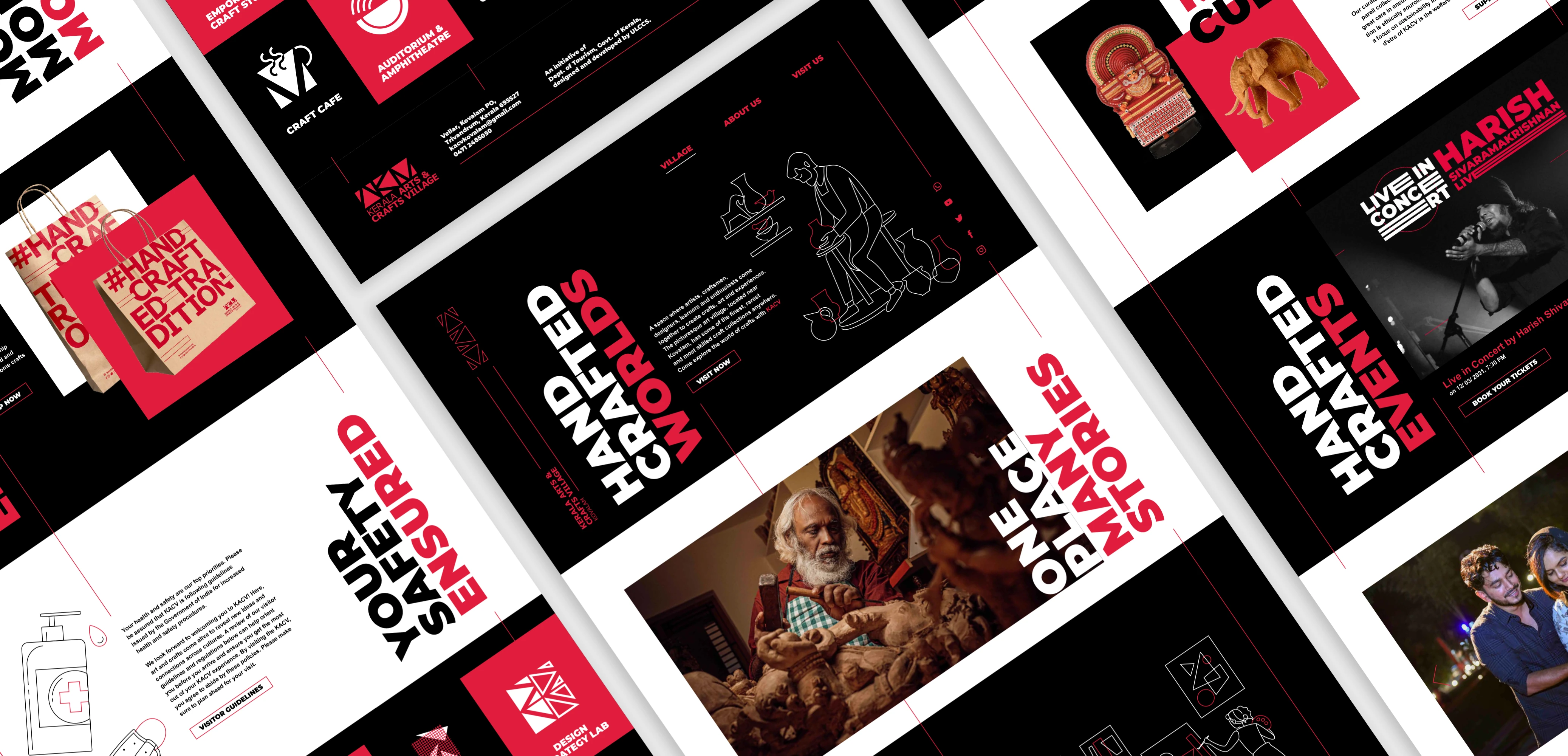 Kerala Arts and Crafts Village website layouts in black, white and red